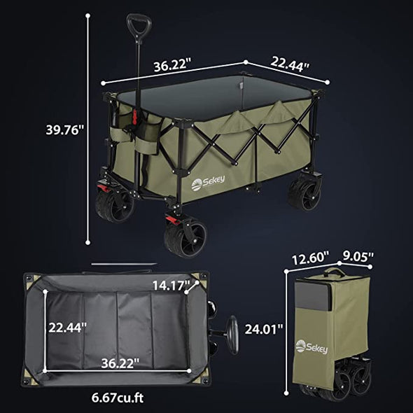 Sekey Collapsible Foldable Wagon with 220lbs Weight Capacity, Heavy Duty Folding Utility Garden Cart with Big All-Terrain Beach Wheelsand Drink Holders. Khaki