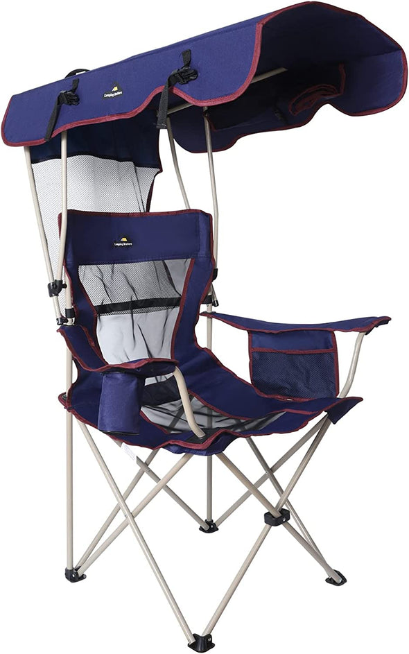 Camping Chair - with Shade Canopy - Outdoor Folding Patio Chair - Includes Retractable Sun Shade, Cup Holder, Side Pockets (Navy)