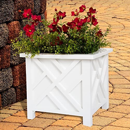 Lattice Design Planter Box – 14.75-Inch-Square Decorative Outdoor Flower or Plant Pot – Front Porch, Patio, and Garden Decor by Pure Garden