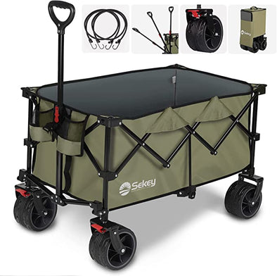 Sekey Collapsible Foldable Wagon with 220lbs Weight Capacity, Heavy Duty Folding Utility Garden Cart with Big All-Terrain Beach Wheelsand Drink Holders. Khaki