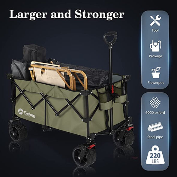Sekey Collapsible Foldable Wagon with 220lbs Weight Capacity, Heavy Duty Folding Utility Garden Cart with Big All-Terrain Beach Wheelsand Drink Holders. Khaki