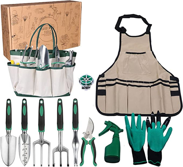 Garden Tools Set,Gardening Tools for Woman Man Gardening Kit 11 Pieces,Gardening Tools for Gardening Gifts,Heavy Duty Aluminum Hand Tool,Handle Gardening Planting Tool Set with Apron,Storage Tote Bag