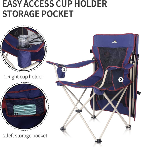 Camping Chair - with Shade Canopy - Outdoor Folding Patio Chair - Includes Retractable Sun Shade, Cup Holder, Side Pockets (Navy)