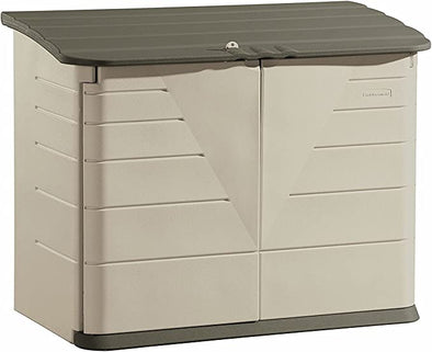 Rubbermaid Large Horizontal Resin Weather Resistant Outdoor Storage Shed, 32 cu. ft., Olive Steel/Sandstone, for Garden/Backyard/Home/Pool