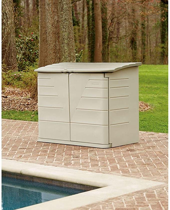 Rubbermaid Large Horizontal Resin Weather Resistant Outdoor Storage Shed, 32 cu. ft., Olive Steel/Sandstone, for Garden/Backyard/Home/Pool