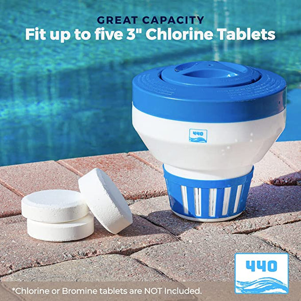 440 Pool Chlorine Floater Dispenser, Fits Up to 5 Pieces of 3-Inch Chlorine Tabs, Adjustable Flow, Control, Heavy-Duty Plastic - Suitable for Small & Large Pools