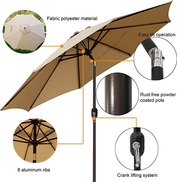 Blissun 9' Outdoor Market Patio Umbrella with Push Button Tilt and Crank, 8 Ribs