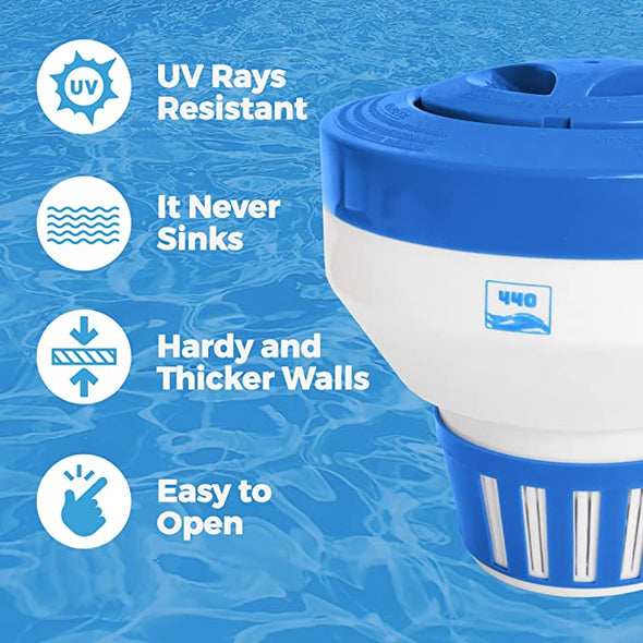 440 Pool Chlorine Floater Dispenser, Fits Up to 5 Pieces of 3-Inch Chlorine Tabs, Adjustable Flow, Control, Heavy-Duty Plastic - Suitable for Small & Large Pools