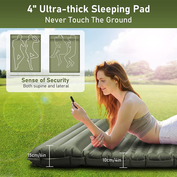 Air Bed for Camping 4" Ultra-Thick Self Inflating Camping Pad 2 Person with Pillow Built-in Foot Pump Camping Sleeping Mat for Backpacking, Hiking, Portable Camping Pad