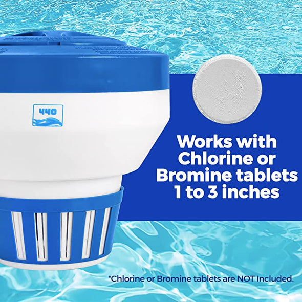 440 Pool Chlorine Floater Dispenser, Fits Up to 5 Pieces of 3-Inch Chlorine Tabs, Adjustable Flow, Control, Heavy-Duty Plastic - Suitable for Small & Large Pools