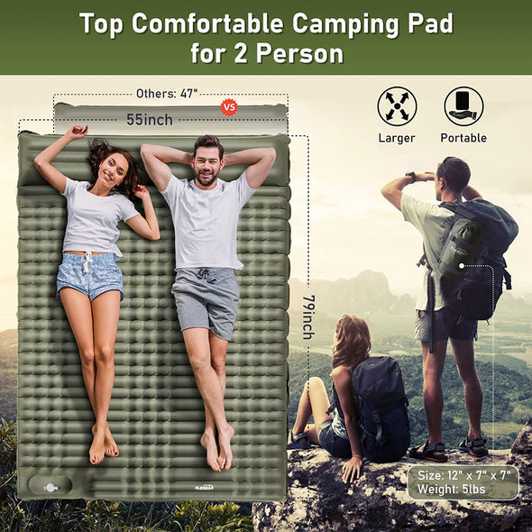 Air Bed for Camping 4" Ultra-Thick Self Inflating Camping Pad 2 Person with Pillow Built-in Foot Pump Camping Sleeping Mat for Backpacking, Hiking, Portable Camping Pad