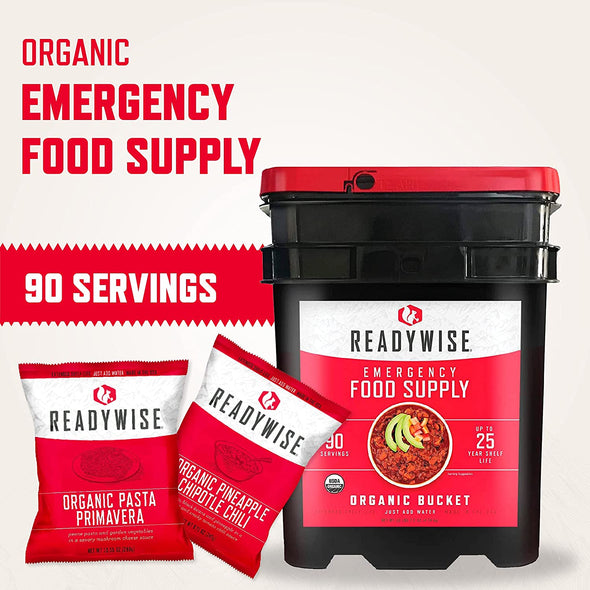 Emergency Food - ReadyWise Emergency Food Supply, Organic Breakfast and Lunch Variety Pack, Survival-Food Disaster Kit for Hurricane Preparedness, Camping Food, Prepper Supplies, Emergency Supplies Bucket, 90 Servings