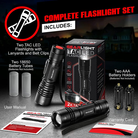 Camping Flashlight -TAC LED Flashlight Pack - 2 Super Bright, Compact Tactical Flashlights with High Lumens for Outdoor Activity & Emergency Use - Gifts for Men & Women - Black