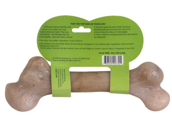 PET QWERKS DINOSAUR BARKBONE NYLON & WOOD BACON